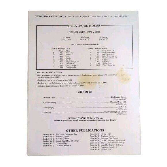 CROSS STITCH PATTERN LEAFLET DESIGNS BY VANGIE STRATFORD HOUSE L-7 - Picture 2 of 2